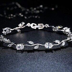 New Womens Diamond Cz Branch Silver Tennis Bracelet
